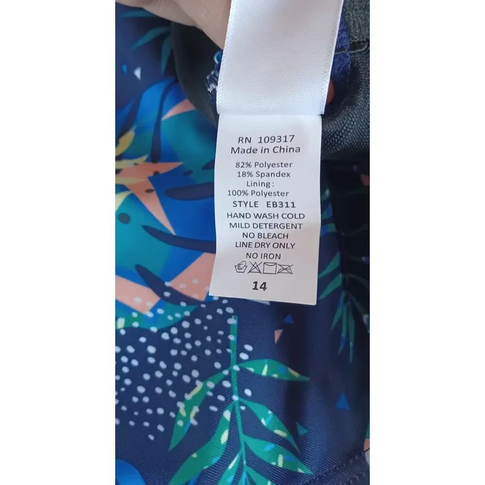 Emerald Bay Women's Size 14 Blue Tropical Leaf One Piece Tummy Control Swimsuit - Picture 6 of 7